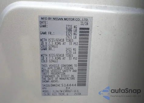 2017 Infiniti Qx60 from USA, damaged, VIN 5N1DL0MM2HC514444